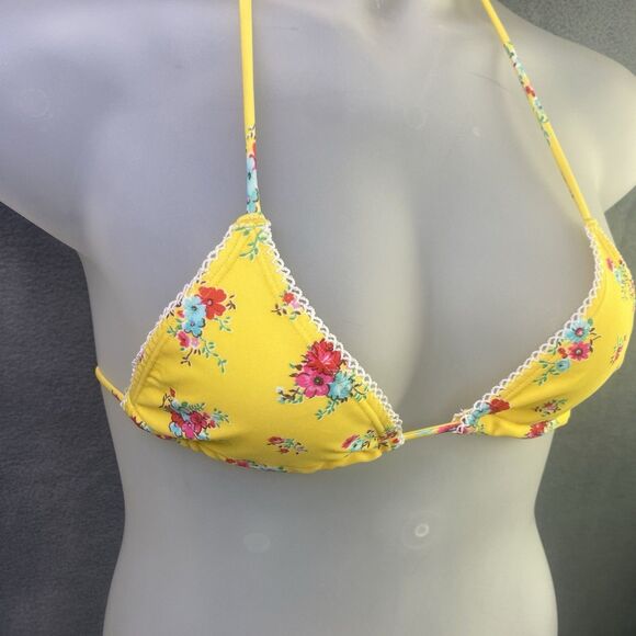 AGUA DOCE Brazilian 2-pc Bikini Size Small Yellow Flowers Lace Trim Hip Tie - Picture 2 of 9
